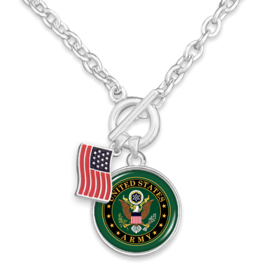Show your military support with this chain necklace with a toggle closure. Comes in your favorite branch of service charm and American flag accent charm. Silver finish.