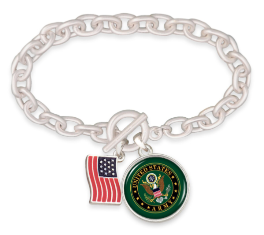 Show your military support with chain bracelet with a toggle closure. Comes in your favorite branch of service charm and American flag accent charm. Silver finish.